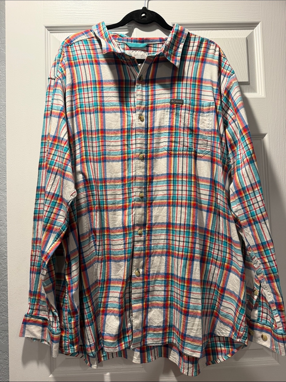 Columbia White Multicolor Plaid Button-Down Shirt
